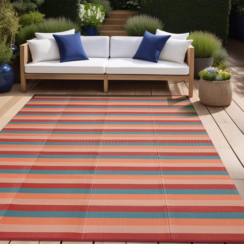 Striped Orange/Red Outdoor Area Rug, Rectangle 6' x 9', Orange/Red