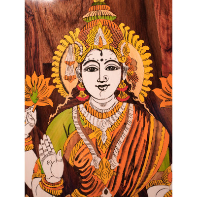 36" Chaturbhuja Lakshmi Mysore 3D Wood Inlay Wall Panel - Handcrafted Hindu Goddess Art for Prosperity