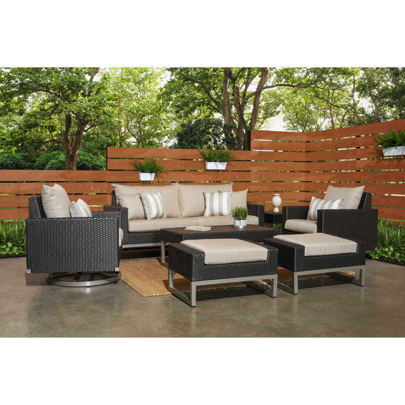 Milo Motion 7 Piece Rattan Sunbrella Sofa Set with Cushions, Brown, Canvas Heather Beige Sunbrella® Canvas