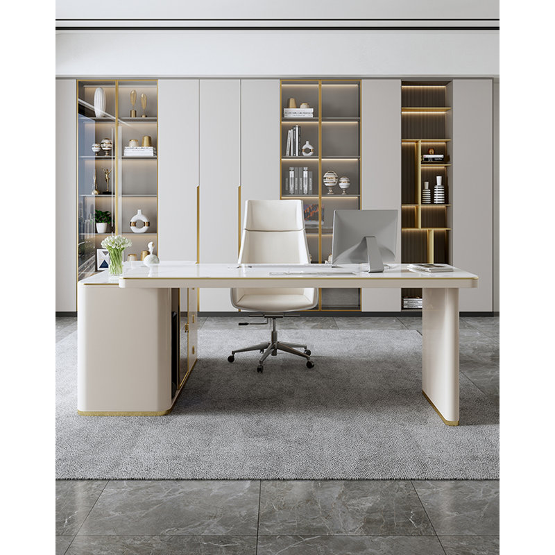 Bureau de luxe en forme de L en pierre frittée / bureau d'ordinateur avec armoire, H 29,53 po x l 70,87 po x P 51,18 po