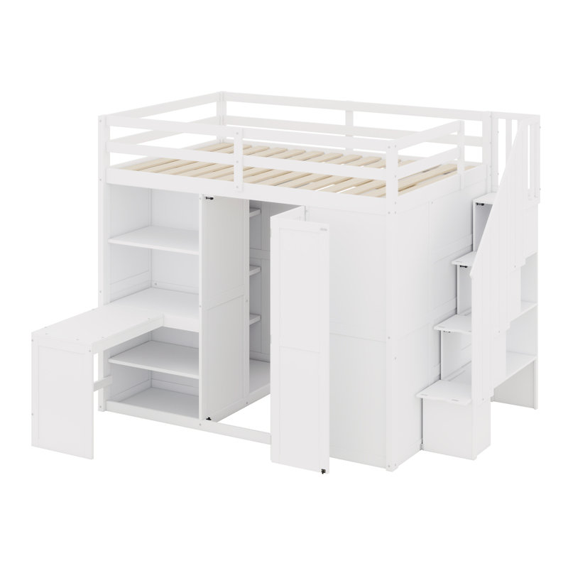 Lit mezzanine avec garde-robe, bureau et tablettes, Blanc