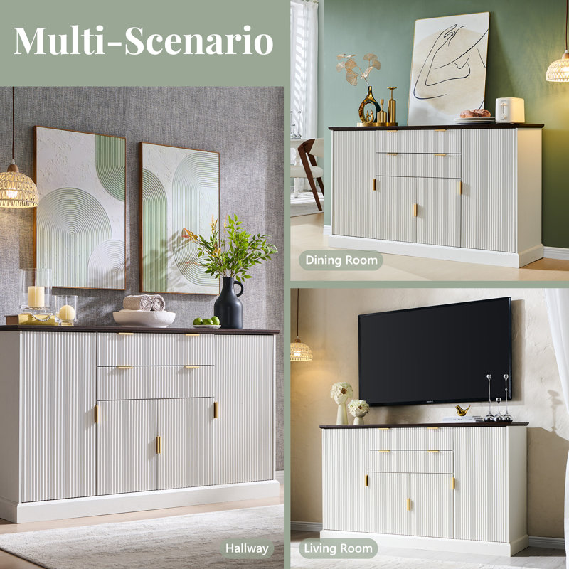 58 Inch Adjustable Shelf Side Panel Cabinet, Buffet Cabinet with Storage Compartment, Equipped with 2 Drawers and 4 Doors