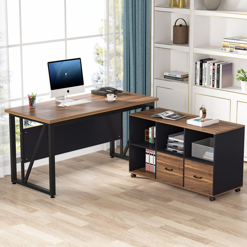 Dineke L-Shape Executive Desk with Cabinet Credenza, Brown/Black, 29.92" H x 55.12" W x 23.62" D