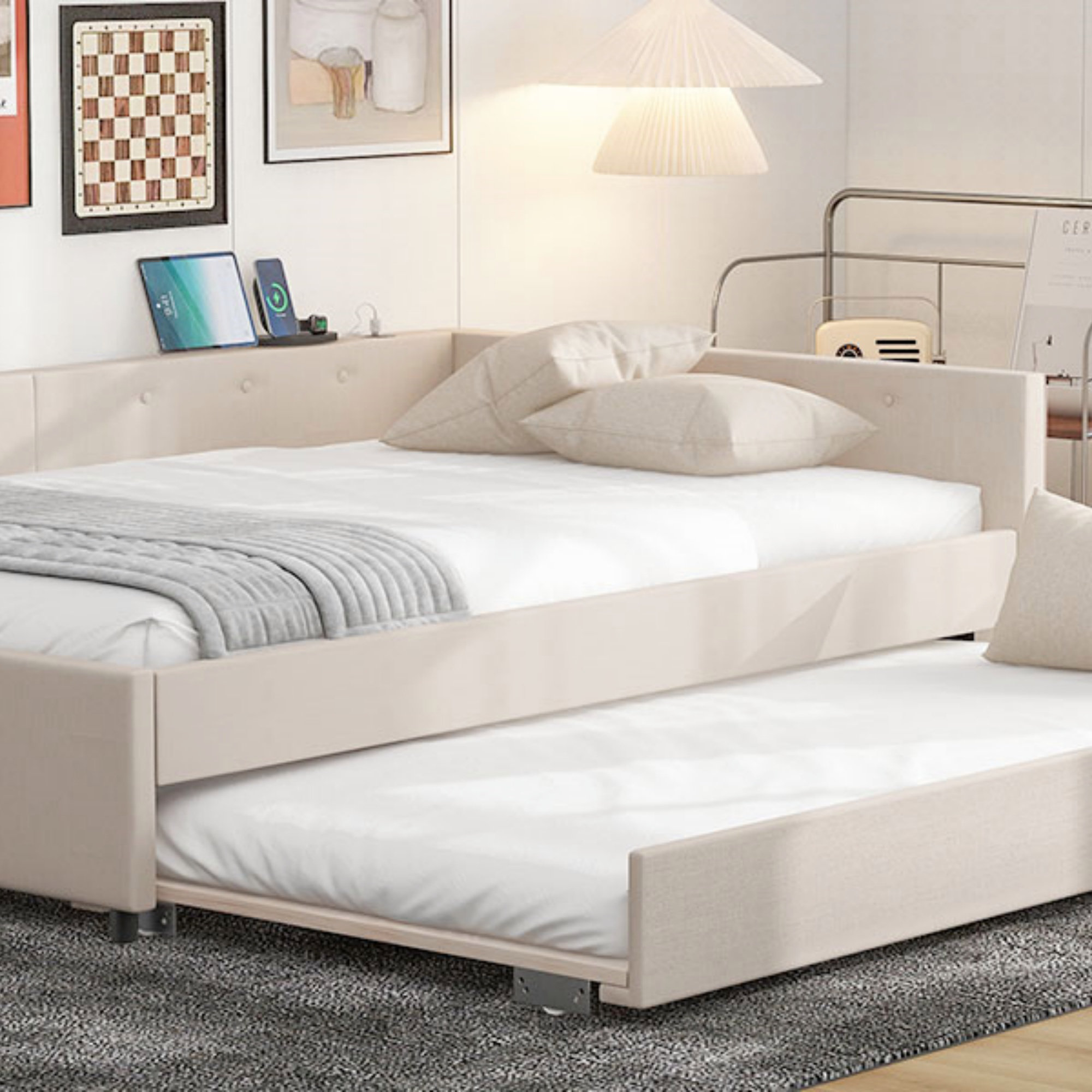 Latitude Run® Upholstered Platform Bed With USB And Twin Size Trundle ...