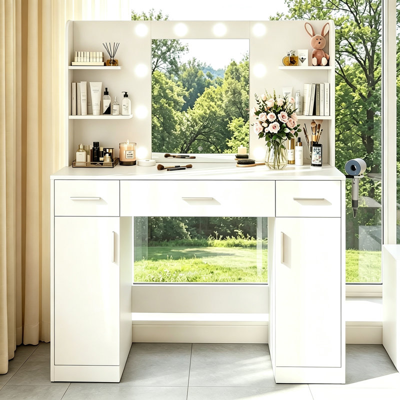 Table de coiffeuse moderne avec miroir lumineux, prise de courant et ports USB, bureau de meuble-lavabo avec 3 tiroirs et 2 armoires