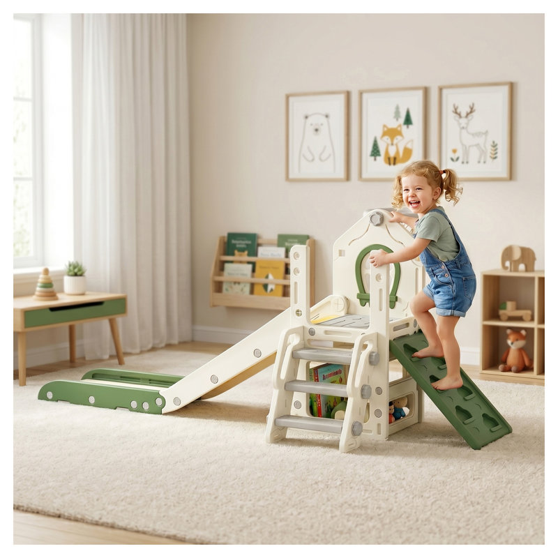 Ensemble de jeu de glissade et d'escalade pliable pour tout-petits Qabo 5 en 1 avec panier de basketball et panier de rangement, blanc crème
