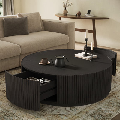 Fully Assembled Modern 40" & 35" & 31.5" W Contemporary Round Coffee Table with Solid Wood Fluted Base, 2 Hidden Storage Drawers & Wood Veneer Top
