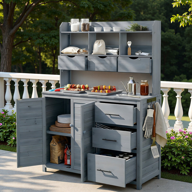 Banc de rempotage avec 6 tiroirs, armoire inférieure, tablettes et crochets latéraux Farmhouse, Gris