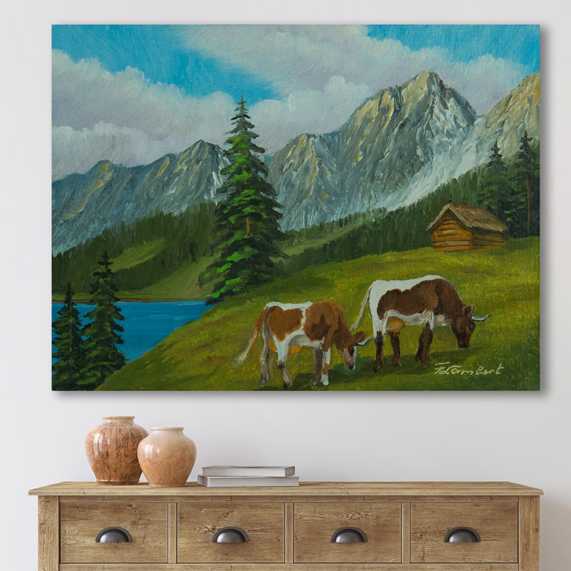 Paysage de montagne avec des vaches sur un pré vert - peinture sur toile, Toile tendue, H 12 po x l 20 po x p 1 po