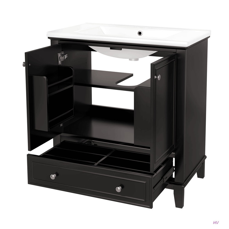 Ensemble de meuble-lavabo 30 po avec lavabo, armoire de salle de bain multifonctionnelle avec portes et tiroir, structure solide et panneau de fibres à densité moyenne
