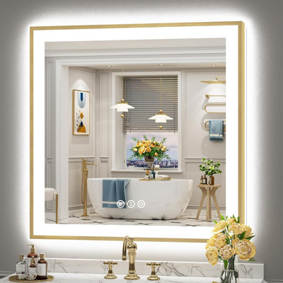 Miroir de salle de bain 36 po x 36 po avec lumières DEL, miroir de salle de bain anti-buée et rétro-éclairé avec cadre doré brossé et rétro-éclairé pour mur de salle de bain, à intensité variable, 3 couleurs, mémoire, verre trempé HD, IRC ＞ 90