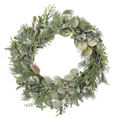  30" Artificial Glittered Green Pine with Pine Cone/Eucalyptus & Berry Wreath.