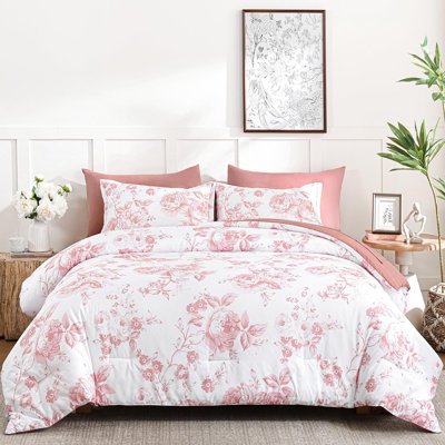 7-Piece Romantic Floral Pattern Reversible Soft Comforter Set with Sheet Set