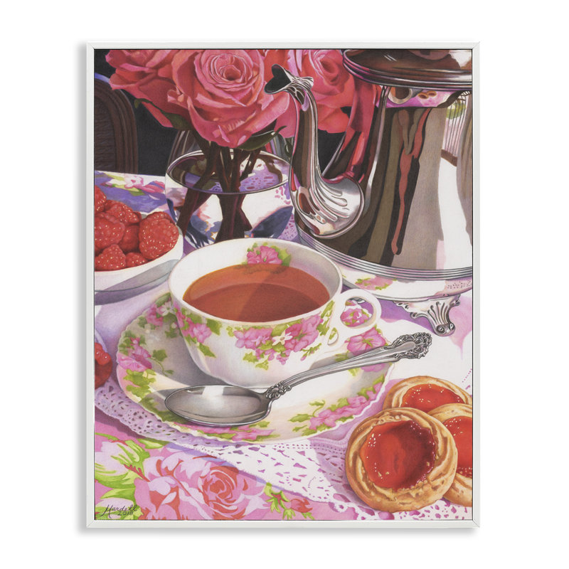 Thé et fraises par Mardell Schuster, Giclée encadrée blanc bord de mer, H 20 po x l 16 po