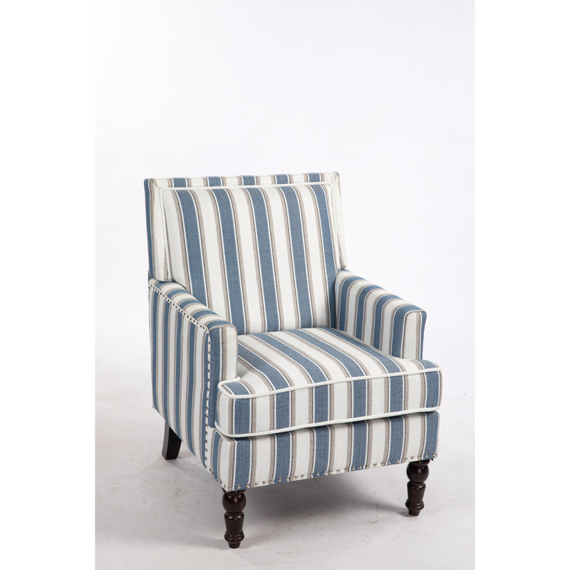 Fauteuil rembourré avec lin rayé bleu et blanc, garniture cloutée de style rétro pour le salon, confortable et stable