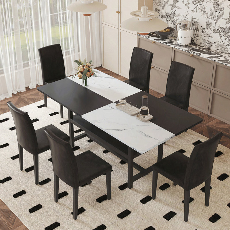 Ensemble de table et de chaises 71 x 35,4 pouces avec table de salle à manger épissée blanche et noire avec fonction de rangement au milieu des pieds de la table, jumelée à 6 chaises de salle à manger en polyuréthane noir