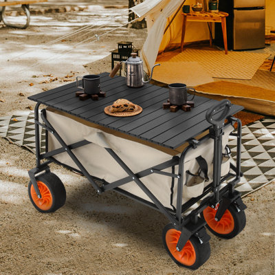 Foldable All Terrain Beach Wagon Cart Garden Utility Camping with Collapsible Table