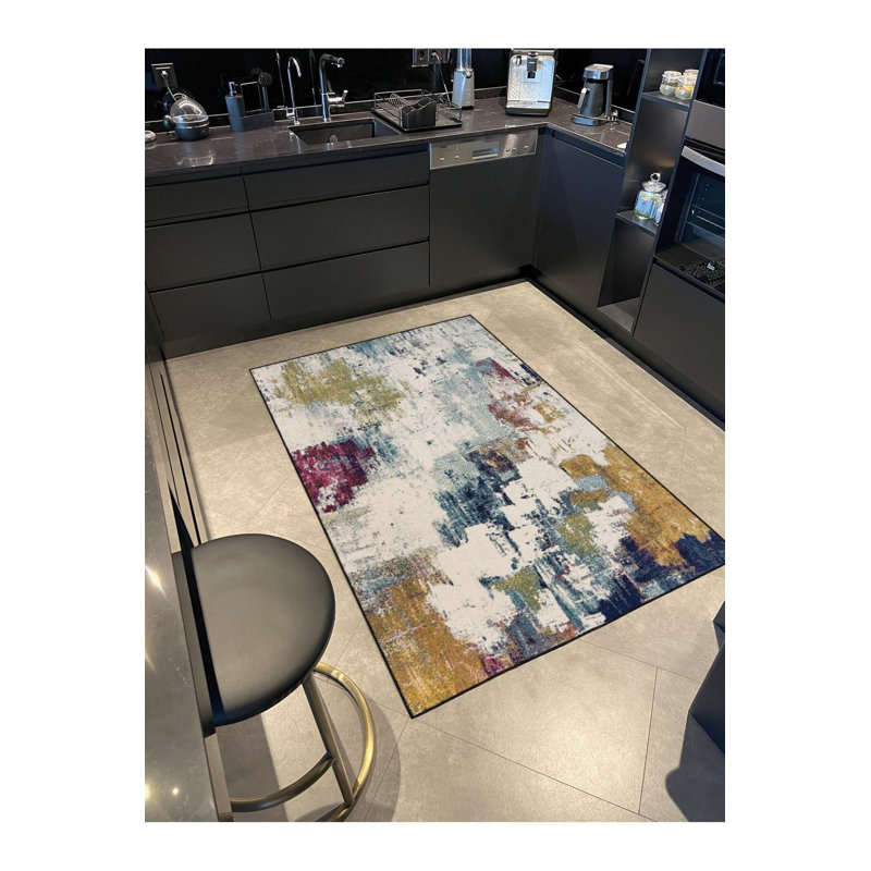 Tapis jaune lavable à motif pastel, Tapis de couloir 3 pi 3 po x 9 pi 10 po