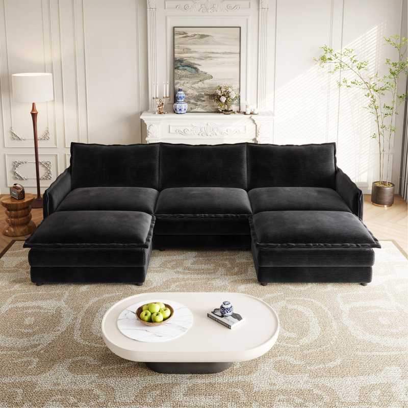 Canapé en tissu velours 3 places en velours côtelé confortable avec repose-pieds mobile pour le salon, ensemble de canapé en U surdimensionné à assise profonde, canapé rembourré à assise profonde de grande taille avec 3 coussins