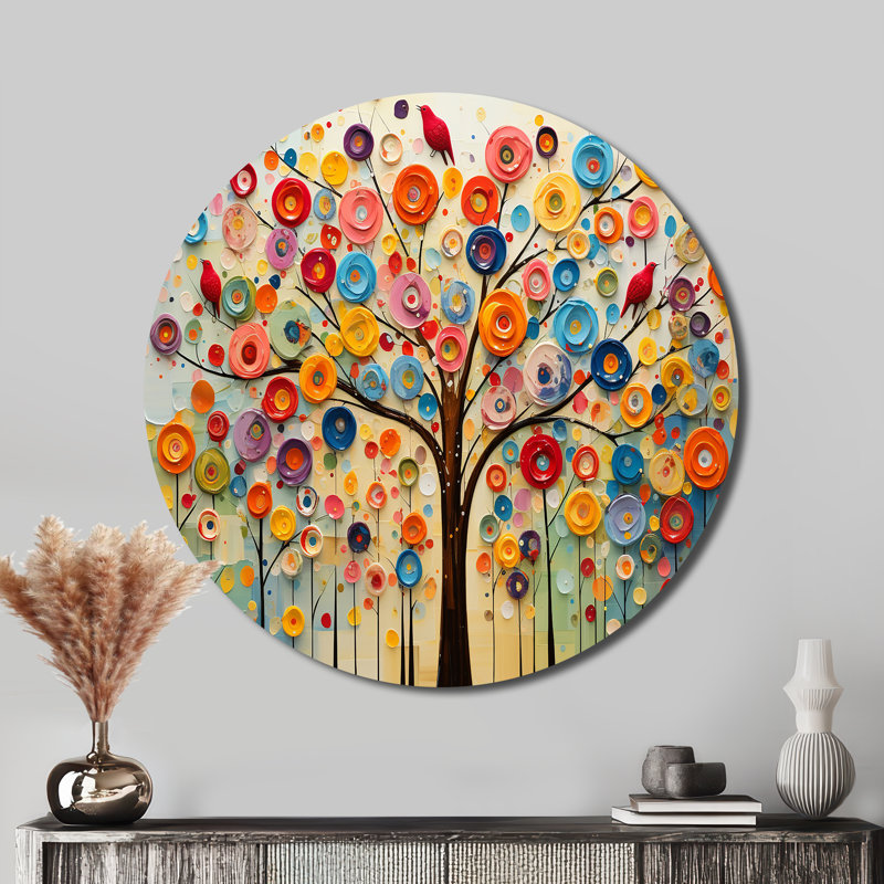 Arbre coloré abstrait 3 - Art floral rond en métal, H 36 po x l 36 po