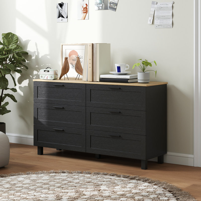 Commode à 6 tiroirs, commode double pour chambre à coucher, noire