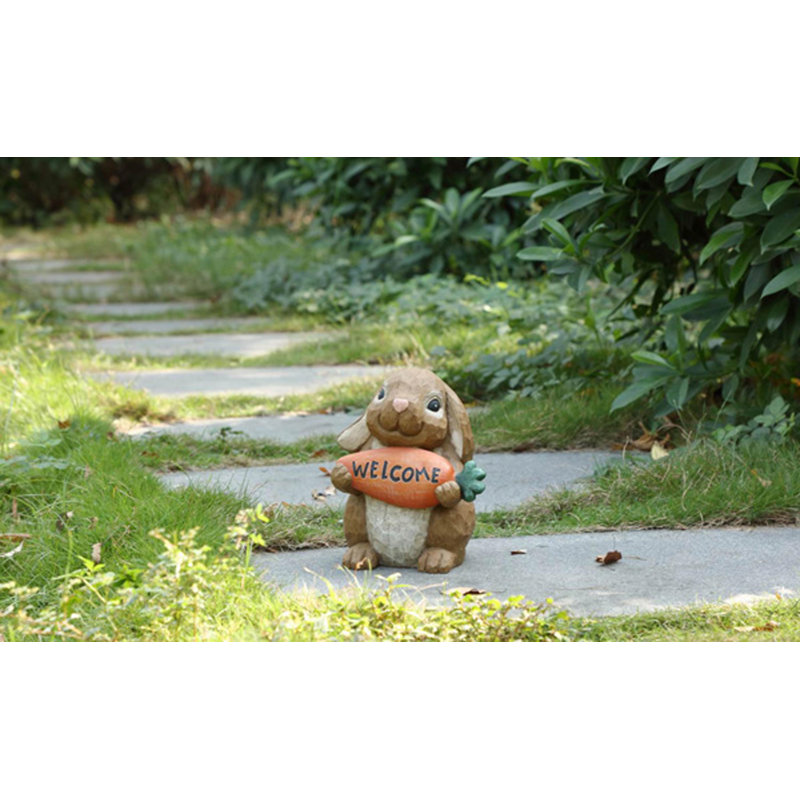 Brown Polyresin Rabbit Holding Carrot Welcome Sign Statue
