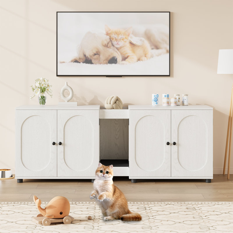 Enceinte de litière pour chat 55,1 po, double bac à litière en bois pour 2 chats, armoire à litière cachée pour chat avec litière pour chat