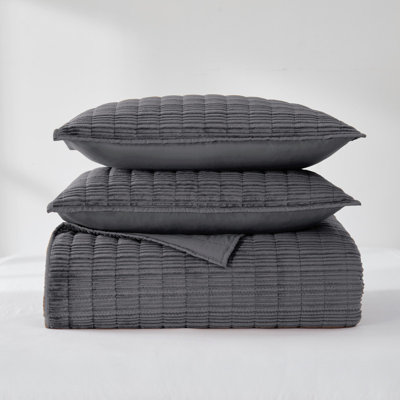 Wonderful Black Gray Corduroy Quilt Set 3 Piece Soft Flannel Bedding