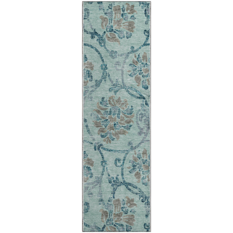 Premium Machine Washable Prisco Teal Rug, Runner 2'3" x 7'6"