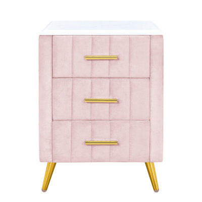 Upholstered Nightstand In Blush Pink With 3 Drawer Compartments, Metal Legs & Handles Pulls 3 Supports