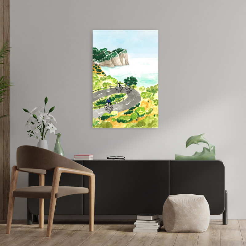 «Coastal Cycling Adventure», art contemporain de paysage côtier abstrait, H 36 po x l 24 po