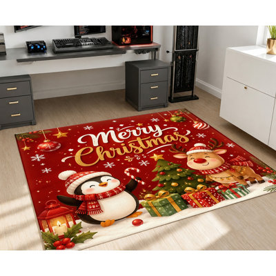 Tapis de Noël à motif de pingouins et de rennes, tapis de sol antidérapant sur le thème des fêtes, décoration intérieure design pour salon, chambre, entrée, cuisine, balcon, appartement
