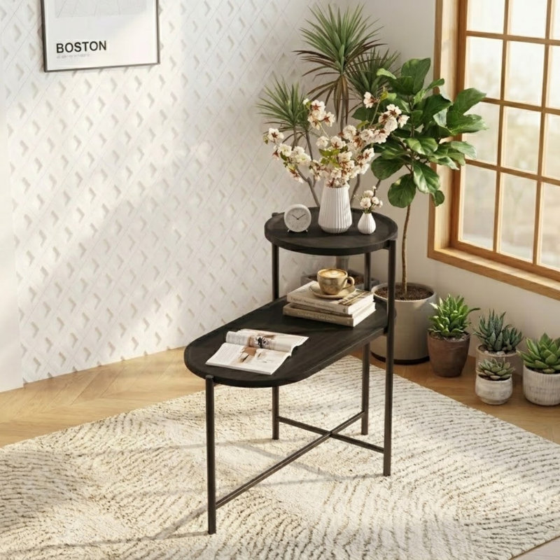 Table basse ronde avec plateau de rangement, table d'appoint ovale à 2 niveaux en bois avec structure en métal pour salon, bureau et petits espaces