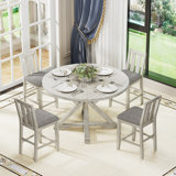 Solid Wood 4-Person Dining Set Grey Extendable Dining Table With Upholstered Padded Chairs