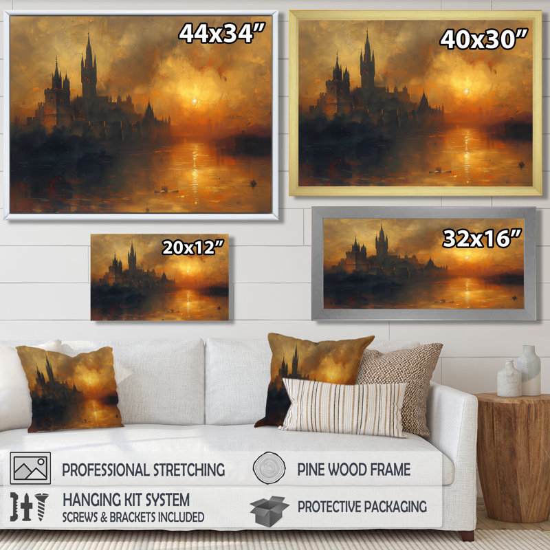 Décoration murale château jaune et noir automne noir I - Châteaux, H 16 po x l 32 po x P 1 po, Toile encadrée noire simple