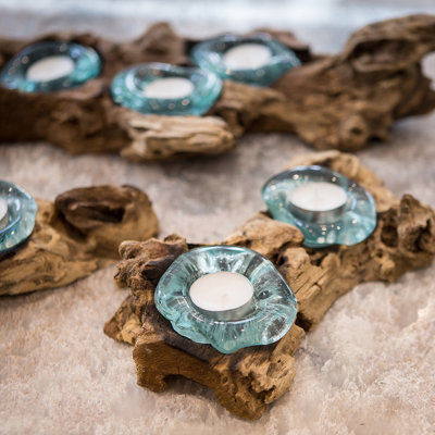 Recycled Glass Candle Holder with Coffee Tree Root - Double