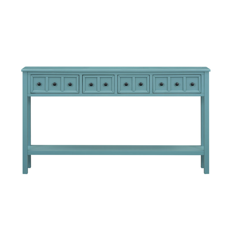 Console rustique, canapé de 60 po de long avec deux tiroirs de taille différente et une tablette inférieure pour le rangement (vert turquoise)