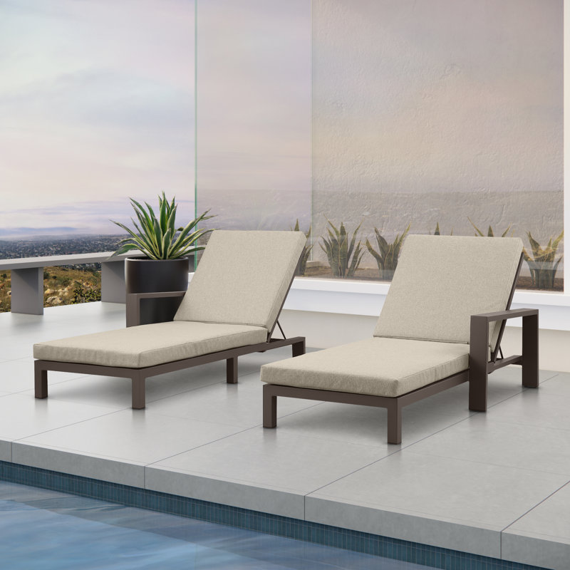 Hoyt Outdoor Metal Double Chaise Lounge, Khaki Cushion/Bronze Frame
