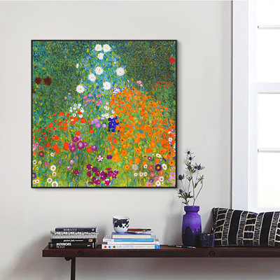 Impression sur toile encadrée, "Jardin de fleurs" par Gustav Klimt, art mural pour salon, décorations pour bureau à domicile (cadre en bois de couleur mince, 16 po x 16 po)