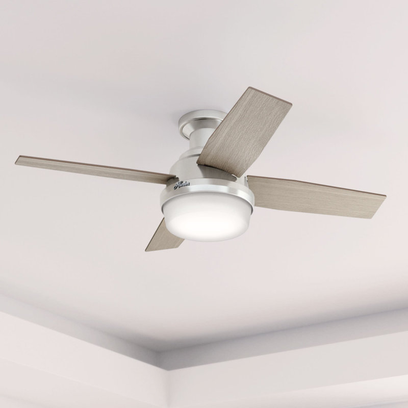 Dempsey Low Profile 44" 4 - Blade Indoor Flush Mount Small Room Ceiling Fan with Lights and Remote, Light Gray/Natural Oak