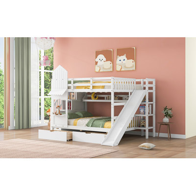 Full-Over-Full Castle Style Bunk Bed with 2 Drawers 3 Shelves and Slide - White