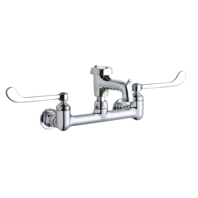 8" Centerset Wall Mount Faucet w/3" Bucket Hook Spout 6" Wristblade Handles 1/2"  Offset Inlet Polished Chrome