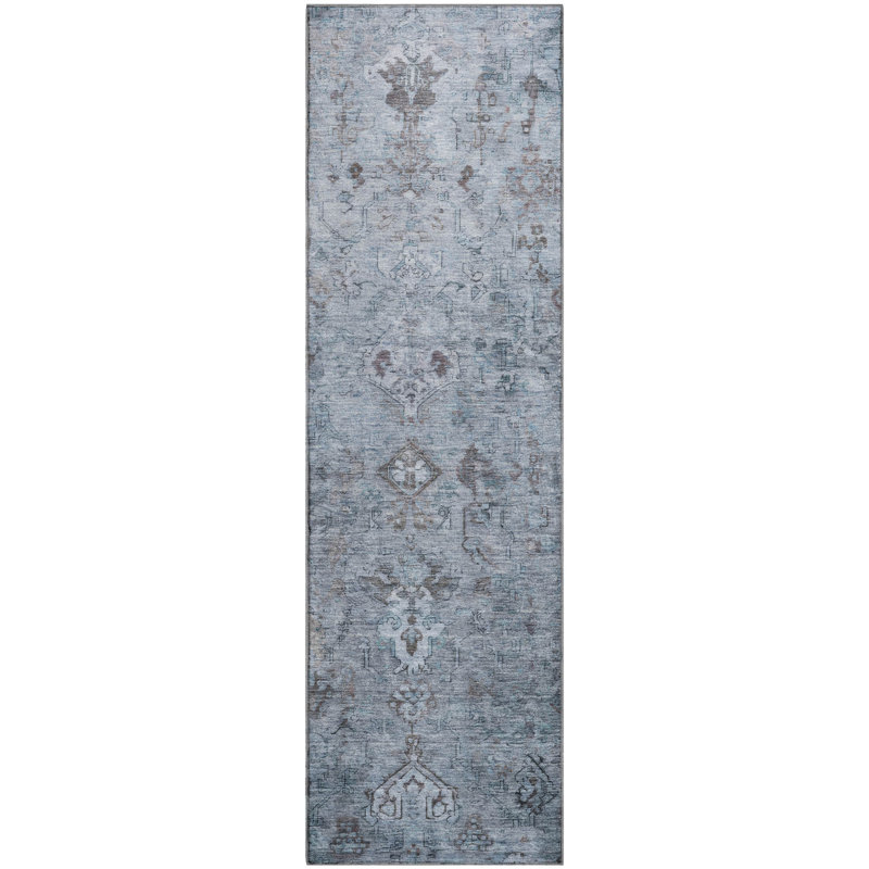 Premium Machine Washable Mayfield Global Rug, Blue, 2'3" x 7'6" Runner