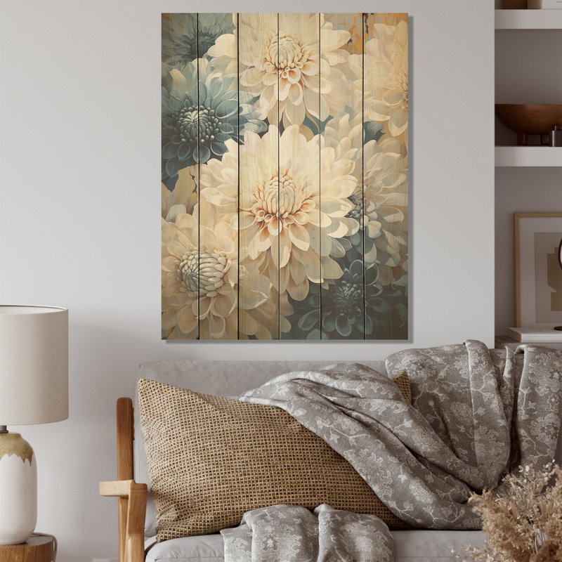 «Mums White and Blue Elegance I - Mums», art sur bois de pin naturel, H 40 po x l 30 po