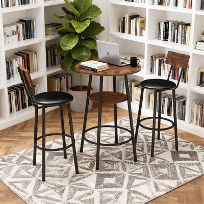 Ensemble de table de bar et de chaises 3 pièces, petite table de salle à manger pour 2 personnes avec rangement à 2 niveaux et 2 tabourets de bar rembourrés en polyuréthane pour la cuisine, la salle à manger, le salon, le bar, le café, le coin petit espace, rustique