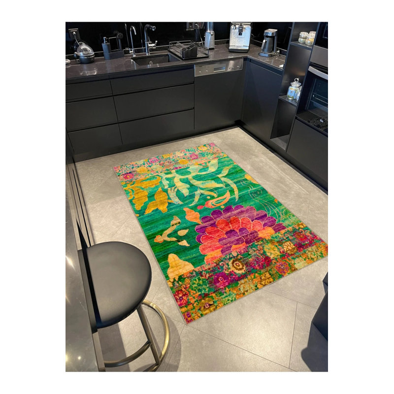 Salon créatif et créatif avec motifs floraux multicolores sur le thème vert, Rectangle 5 pi 2 po x 7 pi 7 po
