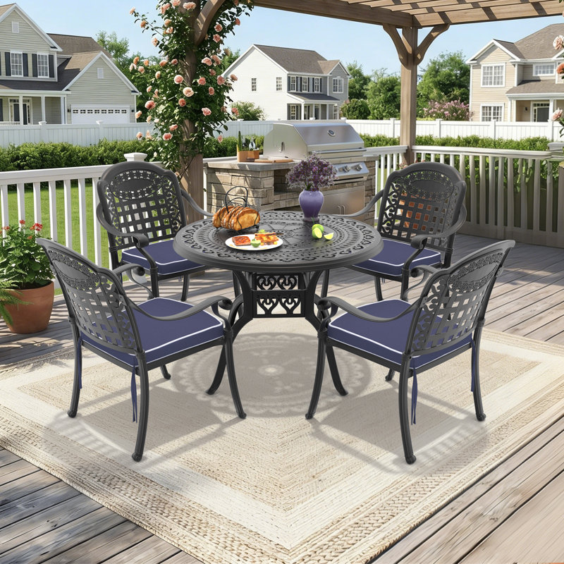 4-Person Round Outdoor Dining Set With Blue Color Cushion, 5 Pieces: Table, 4 Chairs, 28.35" H x 39.37" W x 39.37" D