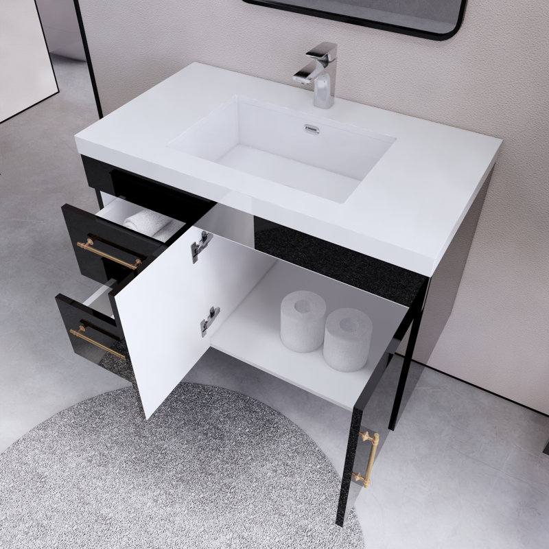 Hebersham 35.44'' Single Bathroom Vanity with Acrylic Top, Glossy Black