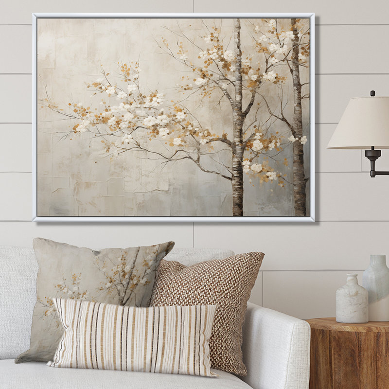 Harmonisation des arbres beiges III sur toile, H 34 po x l 44 po x P 1,5 po, Cadre flottant blanc