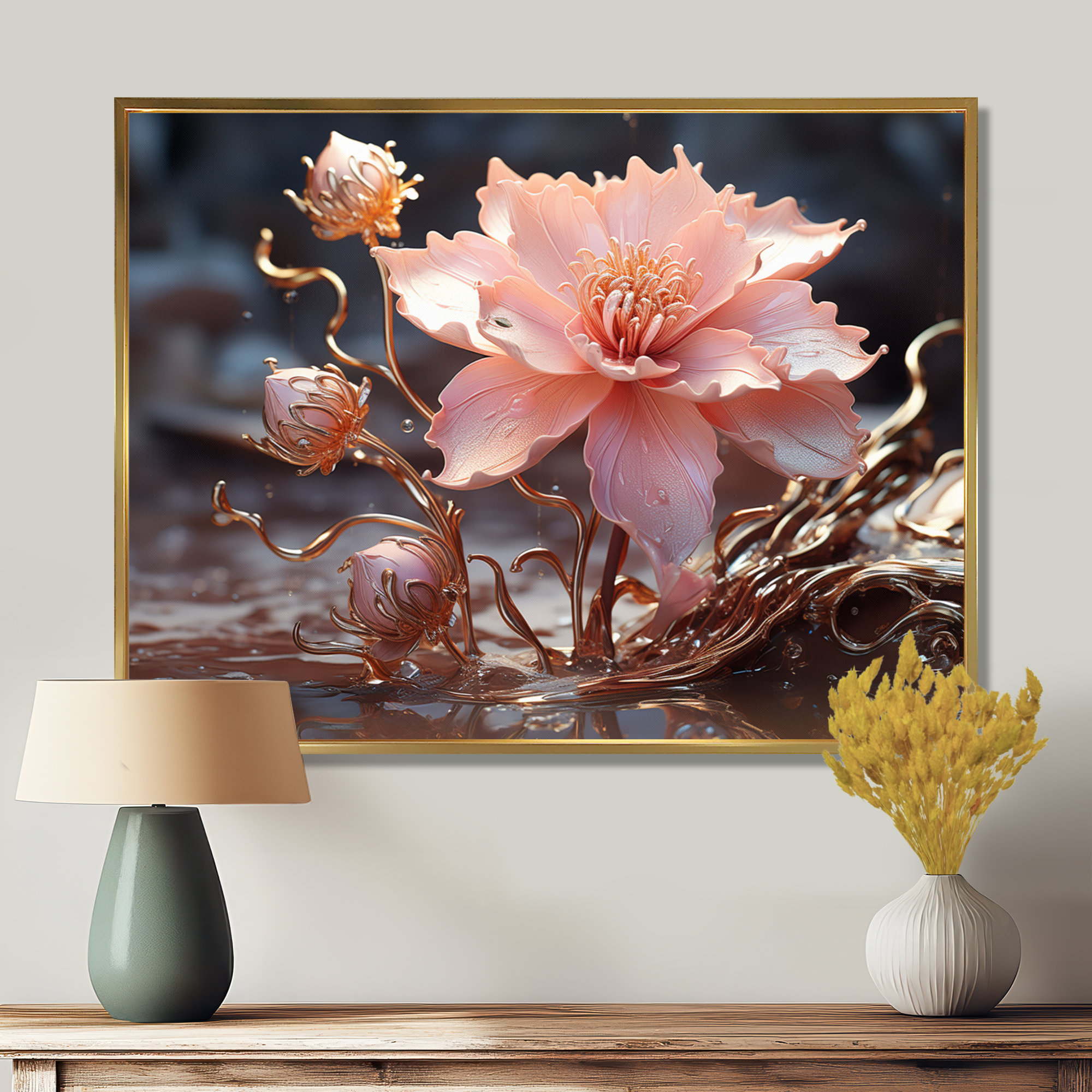 Mercer41 Option 1 Pink Rose Golden Glam Leaves - Rose Wall Art | Wayfair